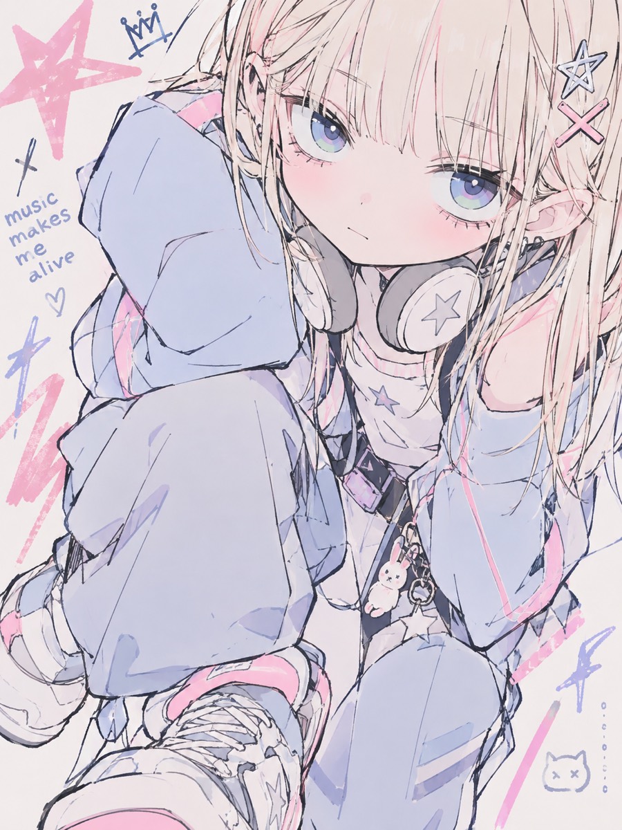 Pastel illustration of a girl in headphones and a light blue jacket