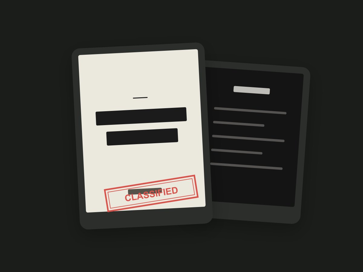 Two e-ink screens with their text blacked out under a classified stamp