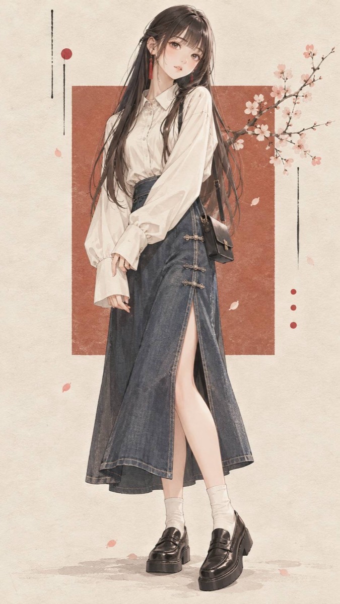 Spring: a long-haired girl before cherry branches on red