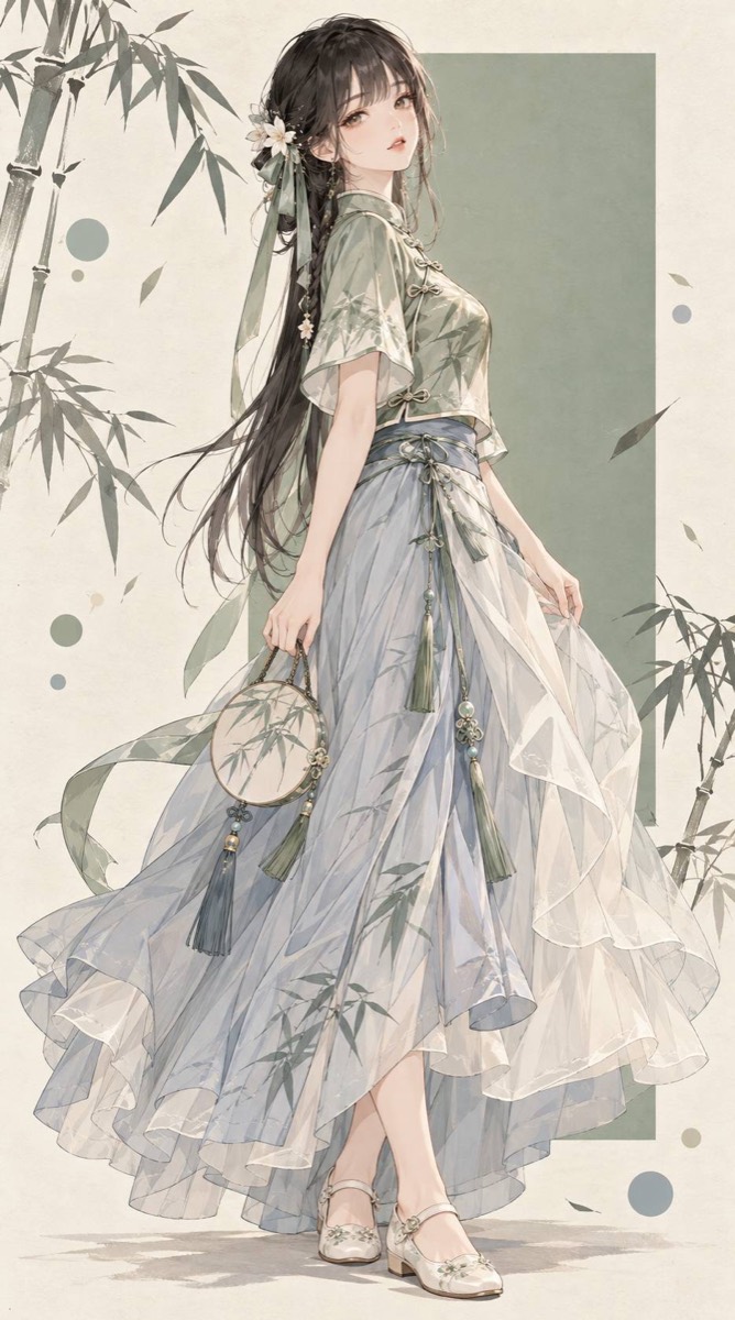 Summer: a girl in green before a bamboo grove