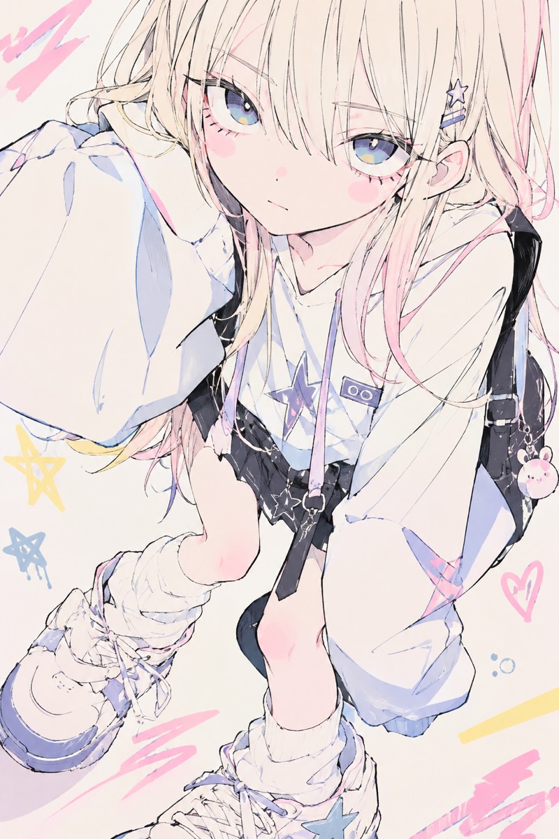 Pastel illustration of a crouching girl surrounded by doodled stars and hearts