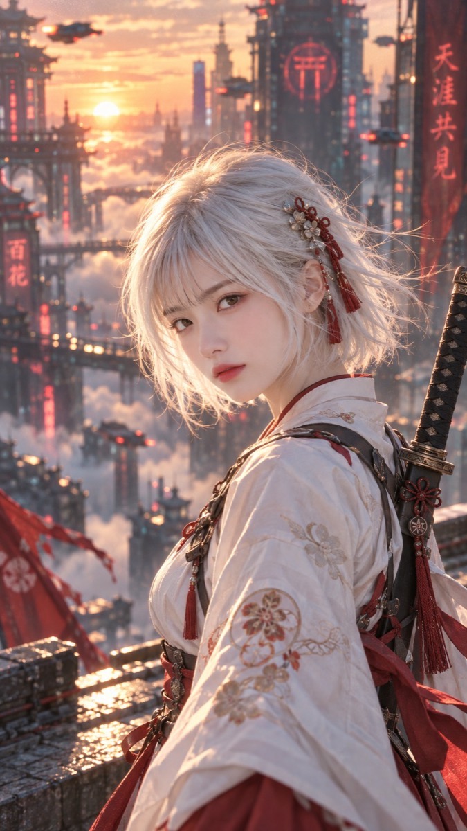 A white-haired woman with a sword before a sunset city above the clouds