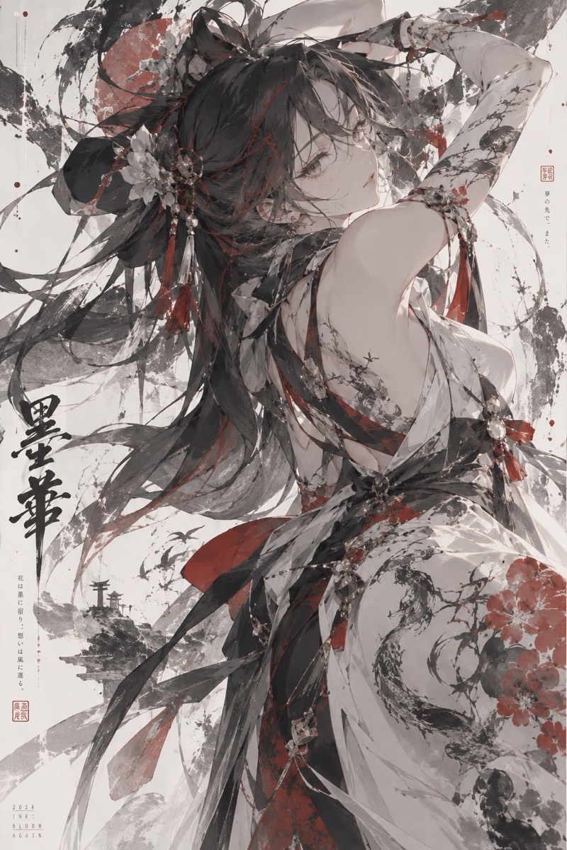 Winter: an ink-wash illustration in black and vermilion